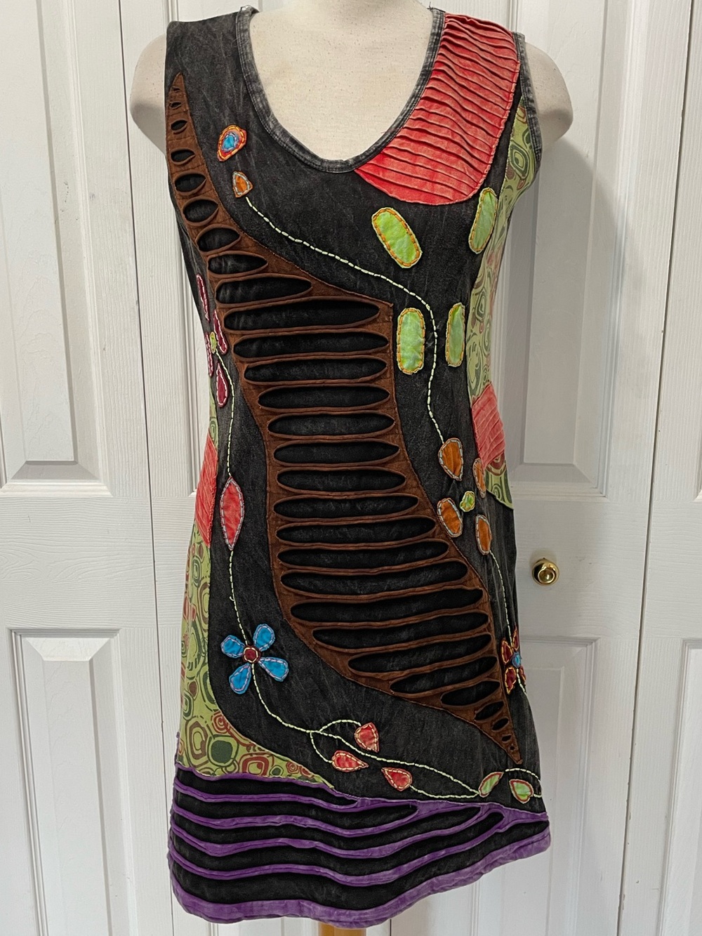 Nepal Patchwork Sleeveless Dress in Black with Multicolor Accents